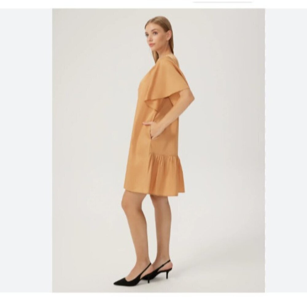 Anthropologie Agata Dress 1X Tan Cotton Clean Minimalist Midi Pockets NWT - Picture 2 of 12